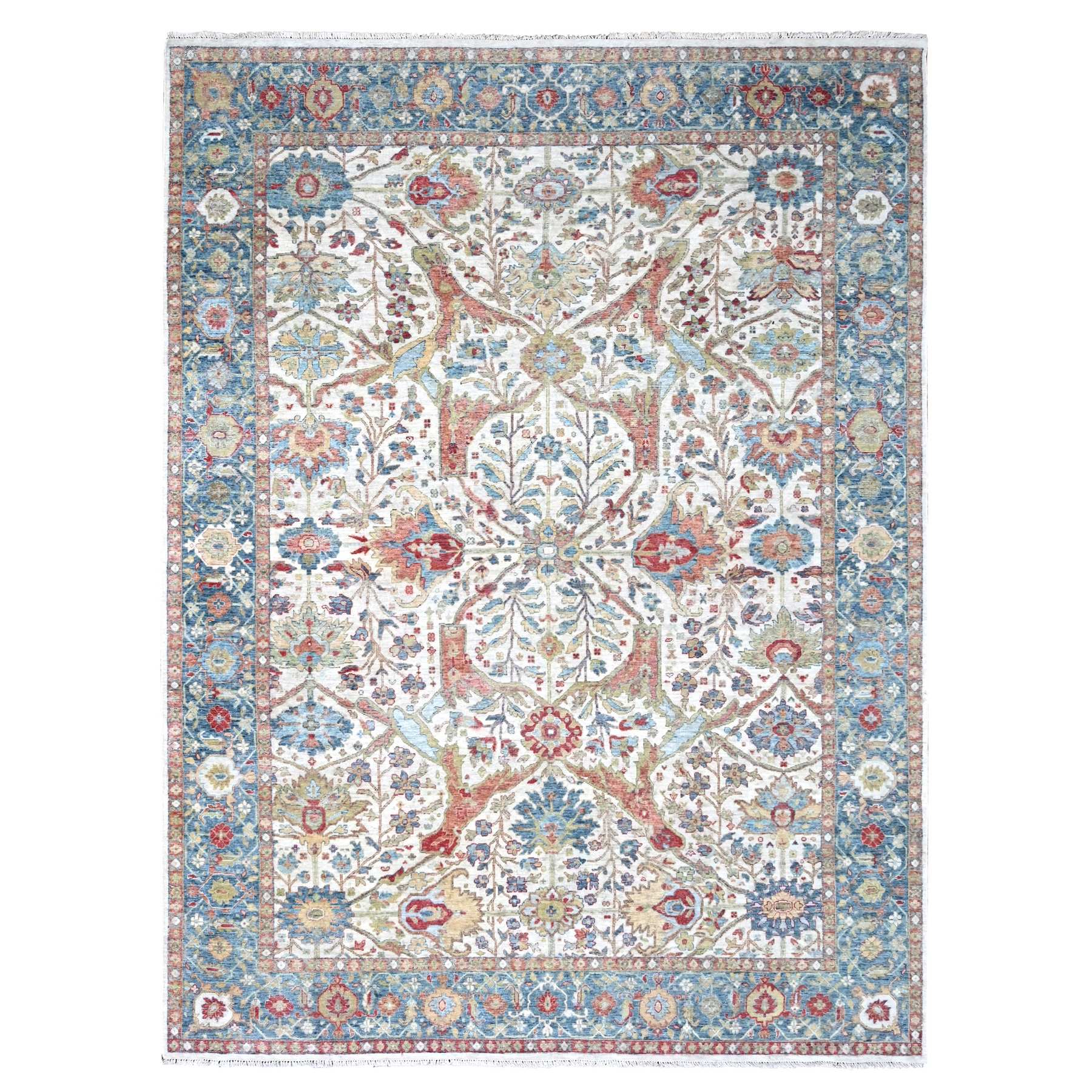 Oyster White, Hand Knotted, Distressed, Antiqued Persian with Ziegler Mahal Design, Oxidized, Zero Pile, Shaved Low, 100% Wool, Oriental Rug